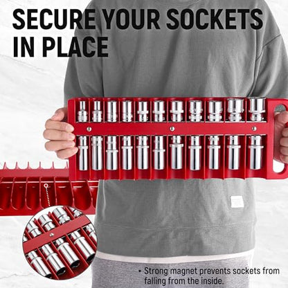 Reniteco Magnetic Socket Organizer Set, 3 Pcs Blue Portable Heavy Duty Socket Rail Set: 1/4-Inch x 22 Pallets, 3/8-Inch x 28 Pallets, 1/2-Inch x 26 Pallets, Hold 76 Sockets - Fit Shallow&Deep Sockets - color: Red