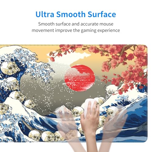 Japanese Waves Skull Mouse Pad Extended Large Gaming Mouse Pad XL Stitched Edges for Gamer Home Office 31.5 X 11.8 Inch - color: Waves Skull