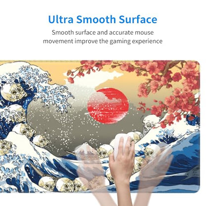 Japanese Waves Skull Mouse Pad Extended Large Gaming Mouse Pad XL Stitched Edges for Gamer Home Office 31.5 X 11.8 Inch - color: Waves Skull