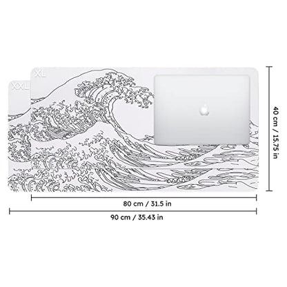 iCasso White Mouse Pad, Extended Gaming Mouse Pad (35.4x15.7 in), Large Stable Rubber Base Mousepad with Stitched Edges, Keyboard Mouse Mat Desk Pad for Work, Game, Office, Home - color: White Wave of Kanagawa
