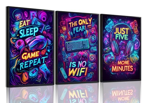 Yolbcdr Gaming Room Wall Decor Neon Video Game Quote Canvas Art Set of 3 Game Room Decor Funny Gamer Poster Playroom Artwork Picture Print for Boy Teen kids Bedroom 16x24in Unframed - color: Colorful, size: 16"x24" Poster