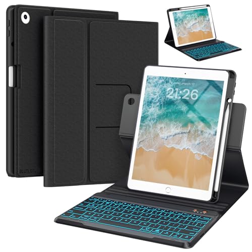 Keyboard Case for iPad 9.7 inch 5th 6th Generation,360° Rotatable iPad Air 2 Keyboard Case with Pencil Holder(2018/2017/2014),7 Color Backlit Removable Bluetooth Smart Folio Cover (Black) - color: Black, size: 360 Rotating for iPad 5th/6th/Air 2