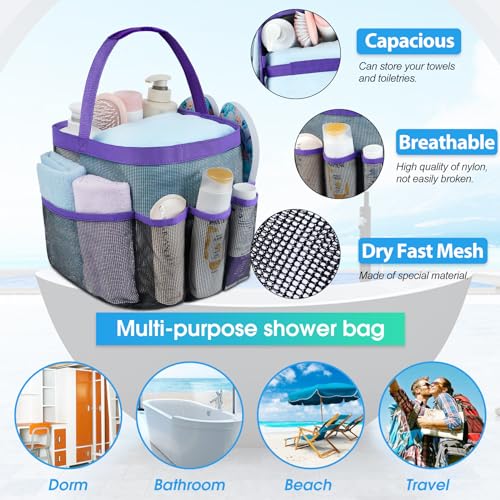 Attmu Mesh Shower Caddy Portable for College Dorm Room Camping Essentials, Shower Caddy Dorm with 9-Pockets, Large Capacity Hanging Basket Bathroom Bag for Toiletry, Swimming, Gym, Camp, Beach - color: Purple
