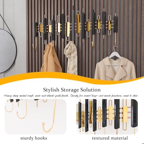 Piano Key Wall Mounted Coat Hook, 5 Gold Hooks Entryway Organizer with Installation Kits, Black and Gold Hall Tree for Living Room, Bedroom, Bathroom, Corridor, 24.4" x 12.2" - style: Notes Dancing