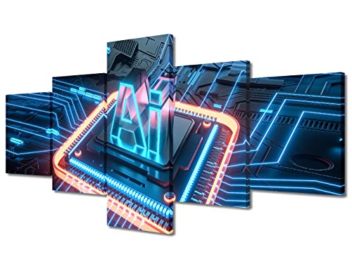 Office Wall Art AI Technology Smart Motherboard Chip Posters & Prints 5 Pieces Wall Art Canvas Artwork Wall Decor Modern Prints Wall Art Stretched And Framed Ready to Hang, 50"x24" - color: Artwork-06, size: 50''Wx24''H