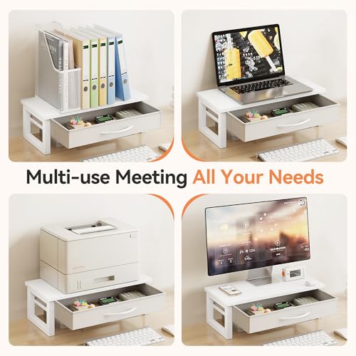 Desk Organizers and Accessories, Computer Monitor Stand Riser with Drawer, White Laptop Stand for Desk with Storage, Office Organization, Wood
