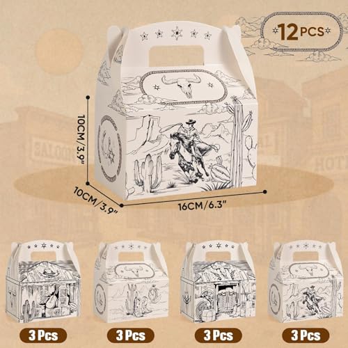 WERNNSAI 12 Pcs Cowboy Favor Boxes Gable Box for Western Party Decorations | Diverse Western Elements, Sturdy and Easy to Assemble, Double-sided Design Styles, Clear Printing for Birthday Holiday - color: Cowboy
