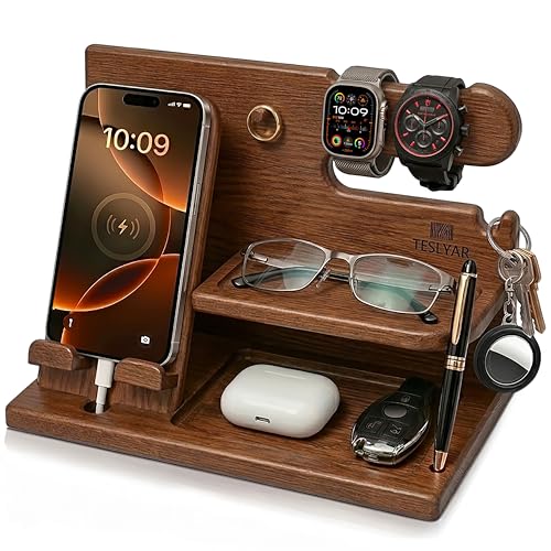 TESLYAR Wood Phone Docking Station for Men - Desk or Nightstand Organizer - Birthday Gifts for Husband or Dad - Anniversary Idea from Wife - Key Holder, Stand Wallet, Watch & Essentials (Earth Beige) - color: Earth Beige