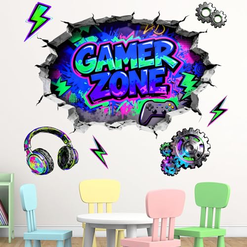 Mfault 3D Gamer Zone Broken Wall Decals Stickers, Video Game Controller Earphone Nursery Decorations Boys Bedroom Art, Cool Gear Lightning Kids Teen Men Gaming Room Playroom Home Decor