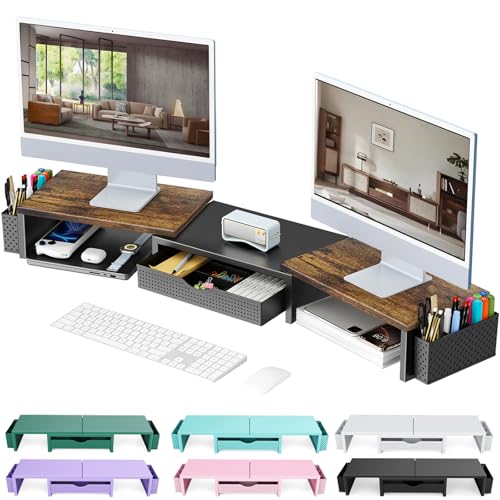 gianotter Dual Monitor Stand Riser, Desk Organizer With Drawer and 2 Pen Holders,Computer Monitor Stand, Desk Shelf for Top of Desk, Wood - color: Wood