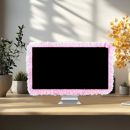 Cute Pink Lace 32"-38" Computer Monitor Screen Dust Cover with Bowknot | Lovely Pink Bow | Lace Trim | Adjustable Elastic Band - color: Pink & White Point
