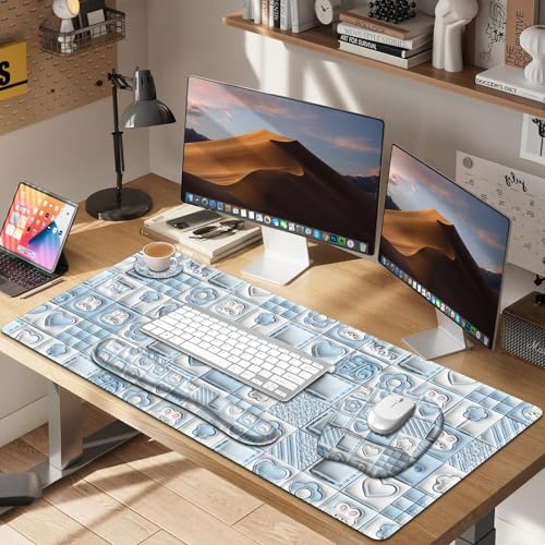 4 in 1 Large Mouse Pad, Keyboard Wrist Rest Set, Ergonomic Mouse Pad with Wrist Support, Desk Mat with Stitched Edges Extended Desk Pad Waterproof Desk Mat for Home Office Game I Cute Rabbit Baby Blue - color: Cute Rabbit Baby Blue