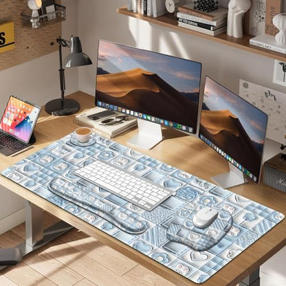 4 in 1 Large Mouse Pad, Keyboard Wrist Rest Set, Ergonomic Mouse Pad with Wrist Support, Desk Mat with Stitched Edges Extended Desk Pad Waterproof Desk Mat for Home Office Game I Cute Rabbit Baby Blue - color: Cute Rabbit Baby Blue