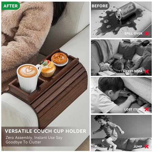 GEHE Bamboo Couch Cup Holder, Anti-Spill Sofa Arm Tray, Natural and Easy to Clean Couch Arm Cup Holder Armrest Tray Perfect for Cups, Beers, Snacks, Remote Control, Drinks - color: Brown