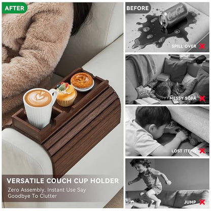 GEHE Bamboo Couch Cup Holder, Anti-Spill Sofa Arm Tray, Natural and Easy to Clean Couch Arm Cup Holder Armrest Tray Perfect for Cups, Beers, Snacks, Remote Control, Drinks - color: Brown