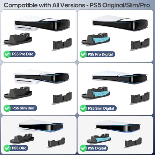 PS5/Slim/Pro Horizontal Stand with Cooling Fan & Charger for Original & Edge Controllers, Scalable Design PS5 Accessories Base with EVA Foams for All PS 5 Disc & Digital, PS 5 Sideways Stand Black - color: Whole Black, size: M