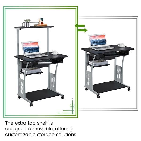 Yaheetech 2 Tier Mobile Computer Desk with Printer Shelf & Keyboard Tray Rolling Computer Table for Small Spaces, Compact Study Workstation with Wheels, Space Saving, Black - color: Black