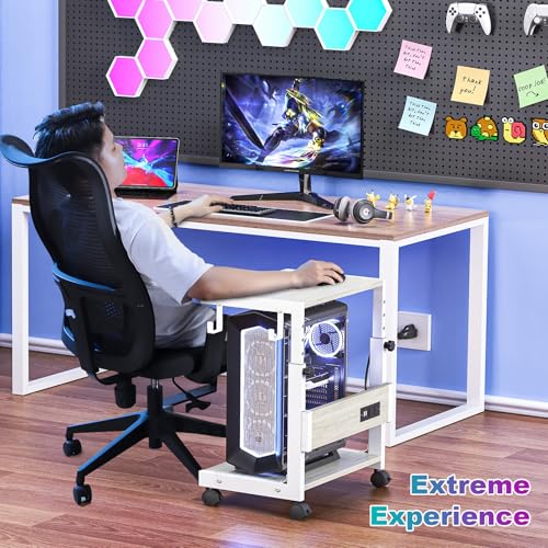 Computer Tower Stand with Charge Station and USB Charging Port - Height Adjustable PC Tower Stand, Under Desk CPU Holder Cart with Locking Caster Wheels for Fits Most PC - color: White
