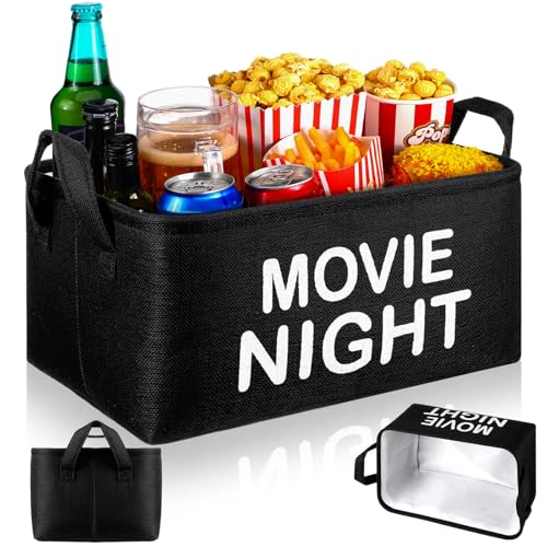 Movie Night Gift Basket with Handles Movie Night Supplies Snack Trays Popcorn Buckets Reusable Popcorn Containers Burlap Storage Organizer Bin Large Snack Bowl for Family Room Home Theater Decor - color: Black, style: Classic