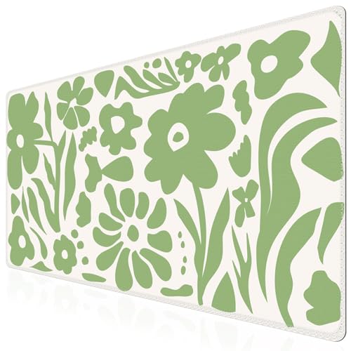 iCasso Desk Mat, XXL Large Anti-Slip Mouse Pad with Stitched Edges, Keyboard Mat for Work, Gaming (Green Flowers) - color: Green Flowers
