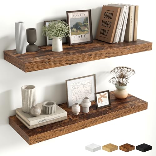 Fun Memories Floating Shelves for Wall, 30 Inch Long Floating Shelves Set of 2, 30 x 10 Wooden Shelves for Wall, Large Storage Shelves, Hanging Shelves for Bathroom Kitchen Bedroom, Rustic Brown - color: Brown Color, size: 30W x 10D x 1.5H