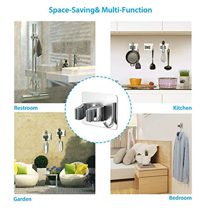 homeasy Mop Broom Holder No Drill, Mop Broom Organizer Wall Mounted Heavy Duty with Hooks Hanger, Self Adhesive Stainless Steel 6Pcs for Bathroom, Kitchen, Office (Silver) - color: Silver