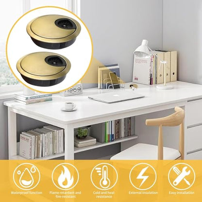 2 Pack 60mm Desk Cable Grommet Cover, One-Piece Molded Construction Cable Heavy Duty Zinc Alloy Hole Organizer with Adjustable Center Cable Hole for Office Computer Desk Worktops (Gold)