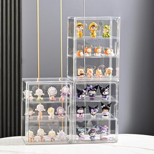 3 Tier Display Case for Collectibles,Clear Display Box with 2 Movable Plates ,Storage Container with Magnetic Door (Large 3 Pack) - size: Large 3 Pack