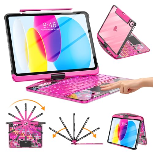 TSQQST Clear Wireless Keyboard Case for iPad (A16) 11th Generation 11-inch 2025/ iPad 10th Generation 10.9-inch 2022 with Pencil Holder & Multi-Touch Trackpad, 7-Color Backlit, 360 Rotatable, Pink - color: Clear+Pink, size: A16 11th/10th