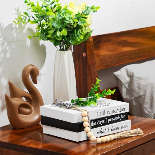 Capoda 3 Pcs Decorative Books for Home Decor Farmhouse Faux Stacked Books Wooden Rustic Table Decor with Bead Garland Twine Ribbon Faux Leaf for Table(Remember) - style: Remember