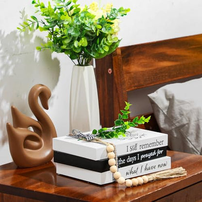 Capoda 3 Pcs Decorative Books for Home Decor Farmhouse Faux Stacked Books Wooden Rustic Table Decor with Bead Garland Twine Ribbon Faux Leaf for Table(Remember) - style: Remember