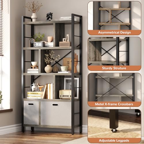 Armocity Bookshelf with Drawers - 5 Tier Tall Bookcase Geometric Modern Book Shelf Display Standing Bookshelves with Storage for Living Room, Bedroom Home Office, Grey Oak - color: Grey Oak