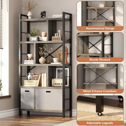 Armocity Bookshelf with Drawers - 5 Tier Tall Bookcase Geometric Modern Book Shelf Display Standing Bookshelves with Storage for Living Room, Bedroom Home Office, Grey Oak - color: Grey Oak