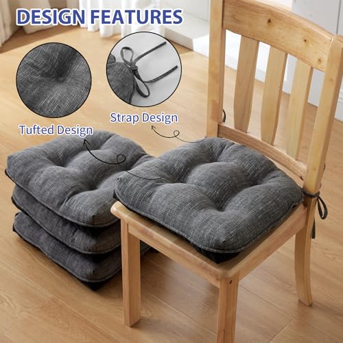 IPYNBAP Chair Cushions Set of 4, 15.5" x 15.5" x 4" Outdoor & Indoor Seat Cushions with Ties, Non Slip, Memory Foam Chair Pads for Dining, Kitchen, Office, Patio Furnitures, Dark Grey - color: Dark Gray, size: 15.5" x 15.5" x 4"