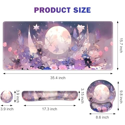 Large Desk Mat, Gaming Mouse Pad, Desk Pad Protector, XXL Mousepad + Keyboard Wrist Rest+Mouse Wrist Rest+Coaster Set with Ergonomic Desk Pad for Home Office PC Computer, Pastel Purple Flower Moon - color: Pastel Purple Flower Moon