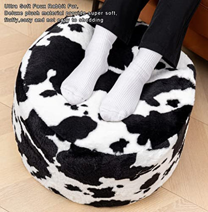 Asuprui Pouf Ottoman Unstuffed, Faux Rabbit Fur Cover, No Filler, 18" Round, Black and White - color: Black Cow Printed