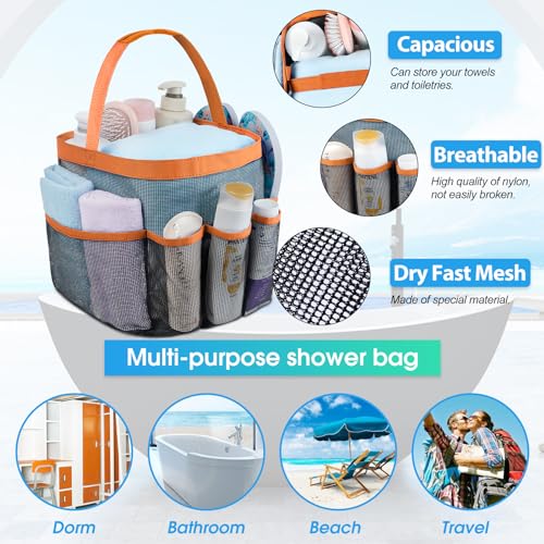 Attmu Mesh Shower Caddy Portable for College Dorm Room Camping Essentials, Shower Caddy Dorm with 9-Pockets, Large Capacity Hanging Basket Bathroom Bag for Toiletry, Swimming, Gym, Camp, Beach - color: Orange