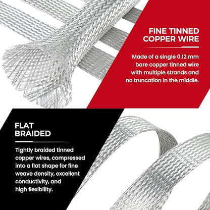Tinned Copper Braid Wire Shielding Ground Strap Metal Cable Sleeve Expandable Flexible Flat Mesh (1/2 in Wide(0.32 in Dia)-65ft) - size: 1/2 in Wide(0.32 in Dia)-65ft