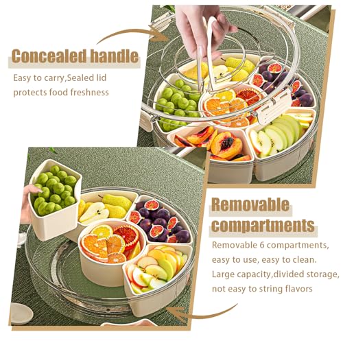 Snackle Box Container Divided Rotating Serving Tray with Lid and Handle | Portable, For Fruits Snacks Veggie Charcuterie, Spinner Organizer, Fridge Storage Container, For Travel and Picnic