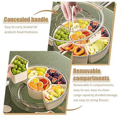 Snackle Box Container Divided Rotating Serving Tray with Lid and Handle | Portable, For Fruits Snacks Veggie Charcuterie, Spinner Organizer, Fridge Storage Container, For Travel and Picnic