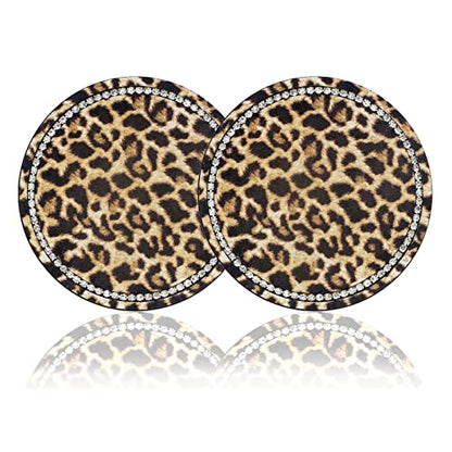 Leopard Print Bling Rhinestone Anti Slip Coasters - 2.75" Insert Suitable for Most Cars - 2PCS - color: Leopard