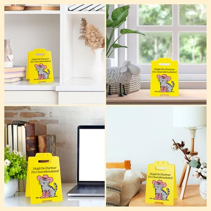 Funny Cowboy Cat Desk Sign - Hold On Partner I'm Overstimulated - Cute Office Decor for Cat Lovers, Introvert Humor, Social Anxiety Gag Gifts for Women, Coworkers - style: Funny Cat