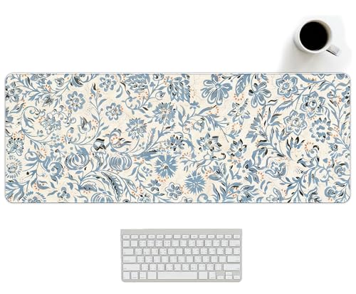 Blue Boho Mouse Pad Abstract Flroal Desk Mat, Spring Summer Mouse Pad for Desk Large, Blue and Beige Desktop Mats Aesthetic Computers Pads Flroal Decor for Desk Office Dorm Women 31.5x11.8 - color: Blue Beige Flroal, size: 31.5L x 11.8W inches