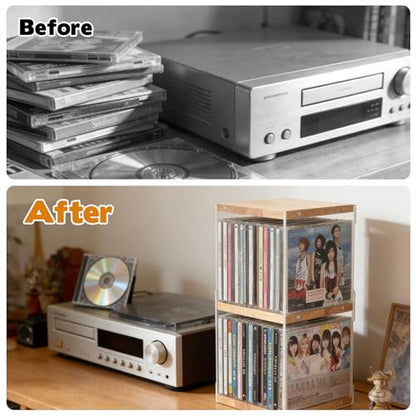 Rainmae CD Holder Desk Rack Organizer, Wooden CD Holder Stand, CD Storage Rack, Game Disc Display CD Organizer Desk Stand Protection Storage Cube, Fit for Theatre Room Collectibles Holds 24 CD Case - size: S