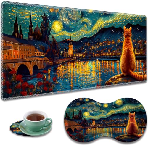 Large Gaming Mouse Pad + Wrist Rest+ Coaster Combo, 31.5 "x 11.8" Durable Non-Slip Extension Table Mat, Suitable for Office and Home, Cat Starry Night Art - color: Cat Starry Night Art