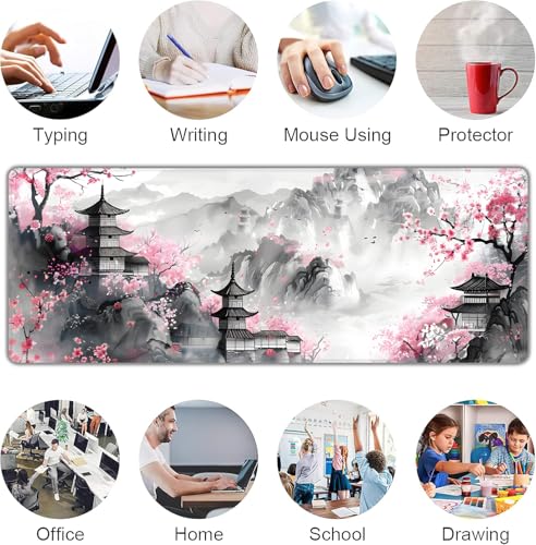 Japanese Cherry Blossom Large Mouse Pad,Gaming Keyboard Desk Pad,Extended Mouse Mat Non-Slip Rubber Base with Stitched Edges for Office Game Home XL 31.5"x11.8" - color: Cherry Blossom, size: 31.5L x 11.8W inches