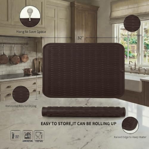 MicoYang Silicone Dish Drying Mat for Multiple Usage,Easy clean,Eco-friendly,Heat-resistant Silicone Mat for Kitchen Counter or Sink,Refrigerator or Drawer Liner Coffee 4XL 32 inches x 18 inches - color: Coffee, size: 32"L x 18"W