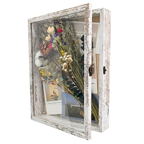 GraduationMall 11x14 Wood Shadow Box Frame Glass Door Display Case with Linen Back and 6 Stick Pins,1.5 inches Interior Depth,Ideal for Memorabilia Pictures Flowers Medals Tickets Rustic White - color: Rustic White, size: 11x14