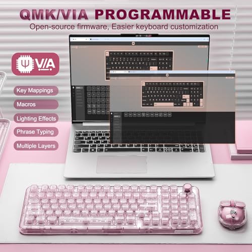 YUNZII X98 QMK/VIA Wireless Mechanical Gaming Keyboard with Knob,Tri-Mode BT5.0/USB-C/2.4GHz Hot Swappable Keyboard,Pre-lubed Switches Gasket Mount RGB Backlit for Wins/Mac (Pink, Crystal Switch) - color: Pink, size: Crystal Switch