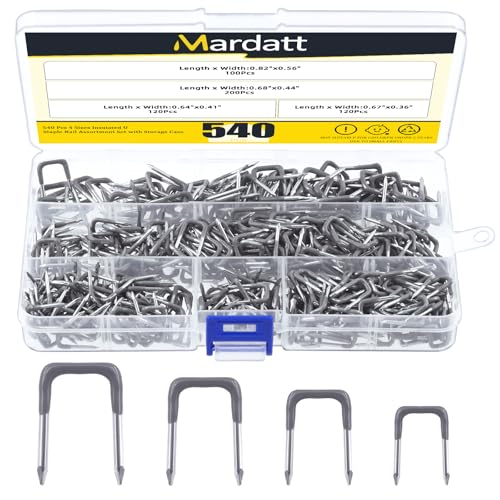 540 Pcs Insulated U Staple Nail Assortment Set with Storage Case, 0.56", 0.44“, 0.41", 0.36" Metal Cable Staple for Fixing Electrical Wire